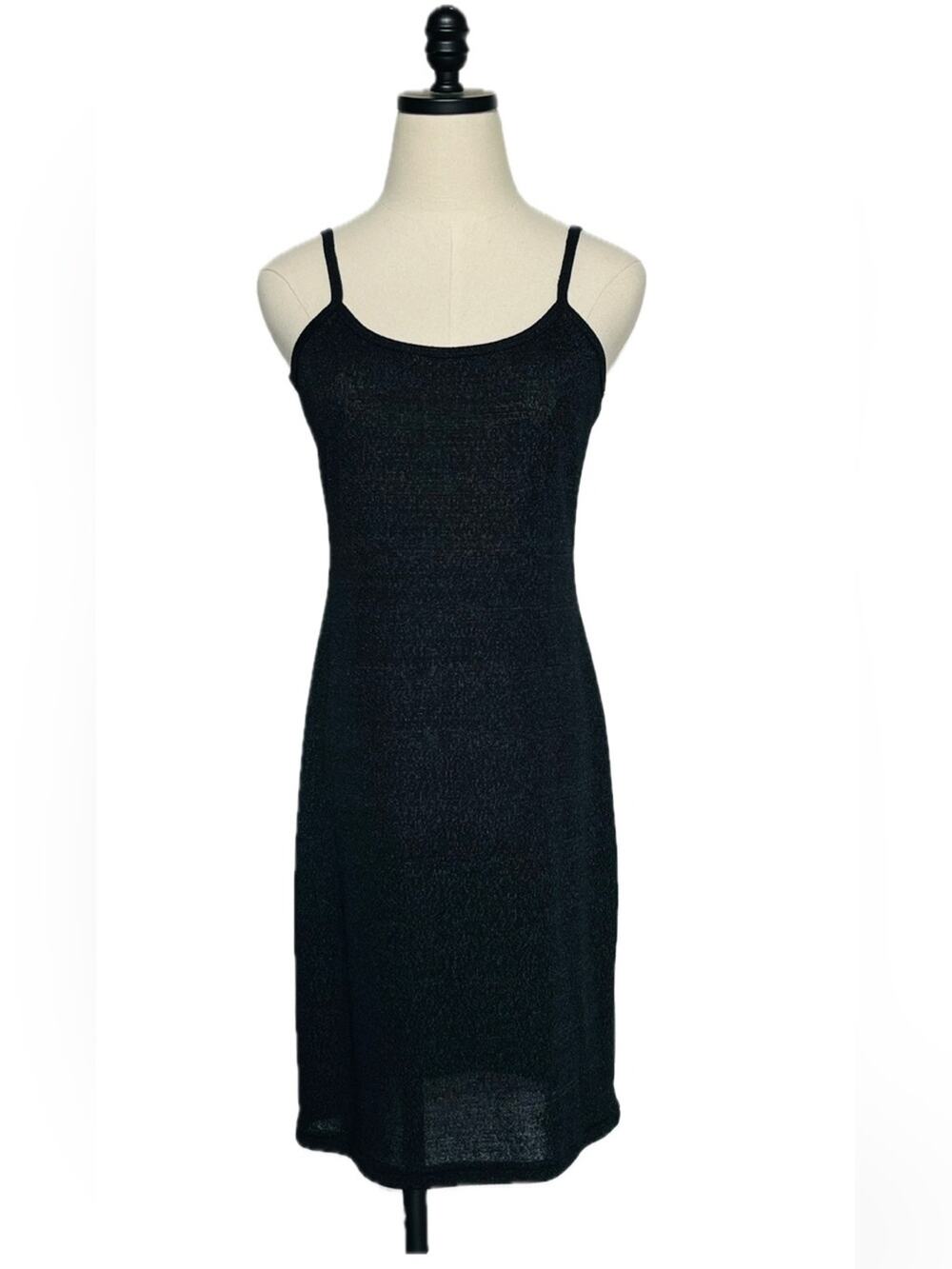 Vintage Black Knit Tank Dress Medium Spaghetti Strap Tight Stretch Gauze Texture